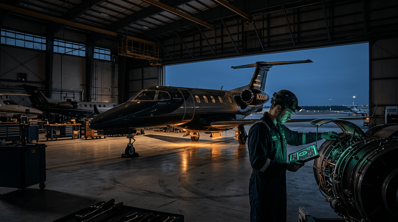 Hangar de aviação com técnico inspecionando motor